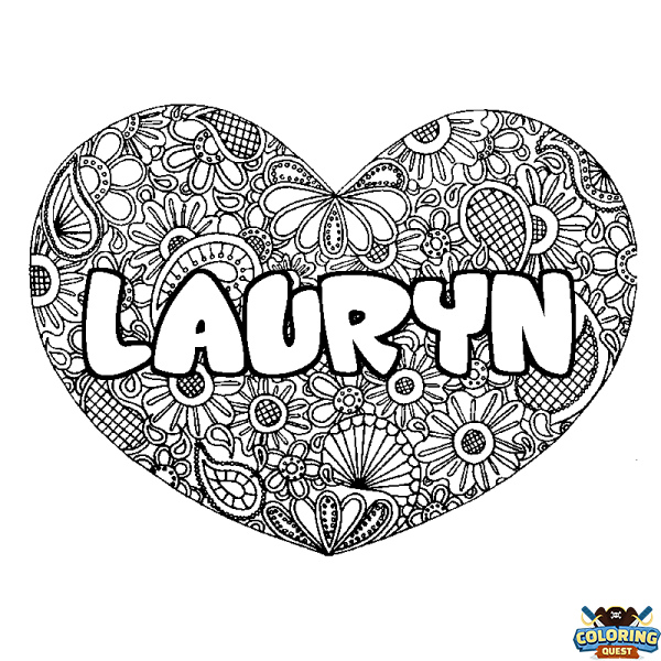 Coloring page first name LAURYN - Heart mandala background
