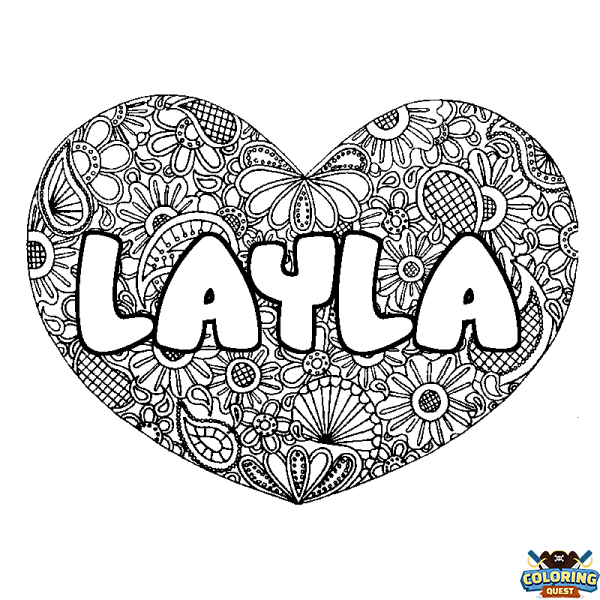 Coloring page first name LAYLA - Heart mandala background