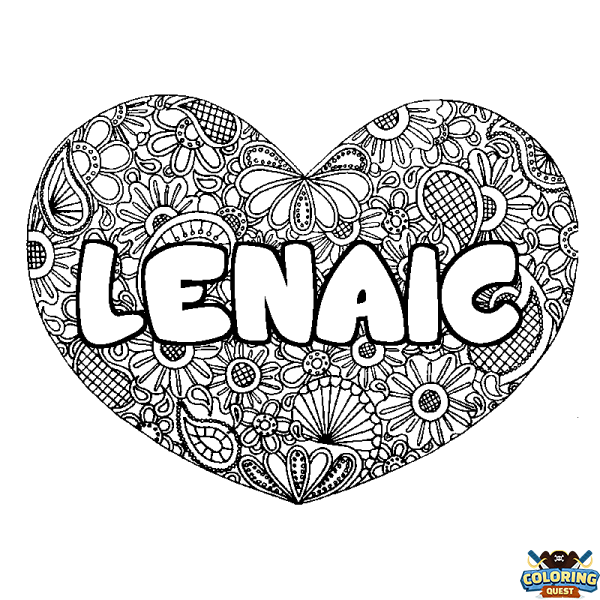 Coloring page first name LENAIC - Heart mandala background