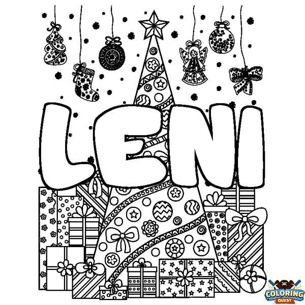 Coloring page first name LENI - Christmas tree and presents background