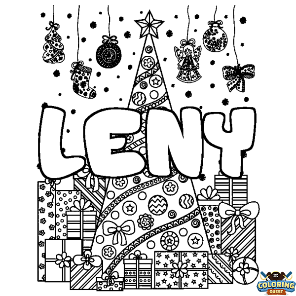 Coloring page first name LENY - Christmas tree and presents background