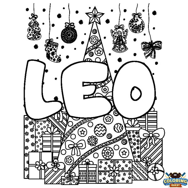 Coloring page first name LEO - Christmas tree and presents background