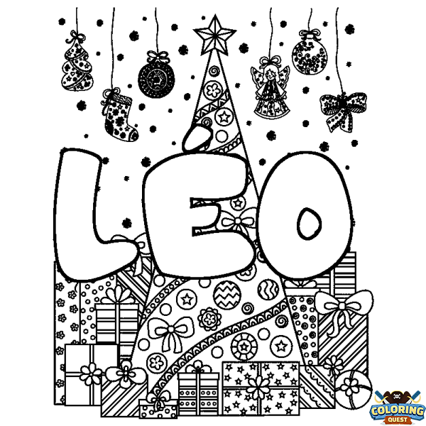 Coloring page first name L&Eacute;O - Christmas tree and presents background