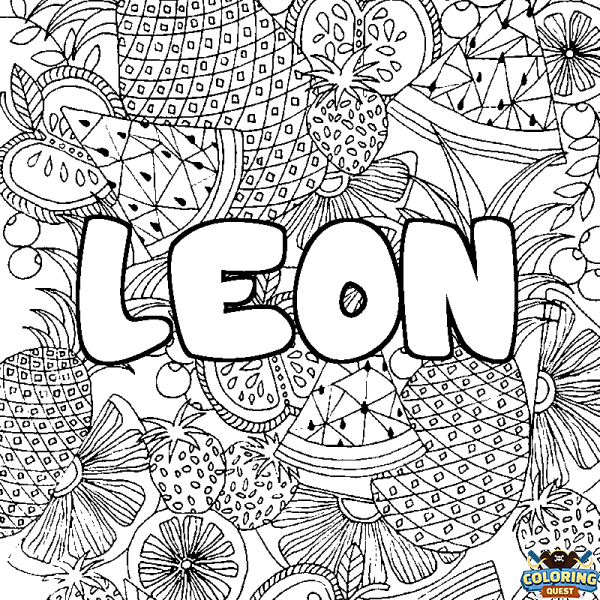 Coloring page first name LEON - Fruits mandala background