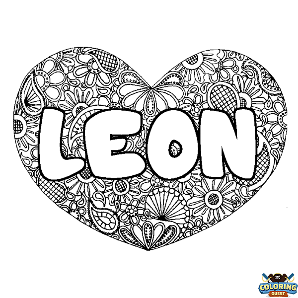 Coloring page first name LEON - Heart mandala background