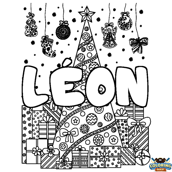Coloring page first name L&Eacute;ON - Christmas tree and presents background