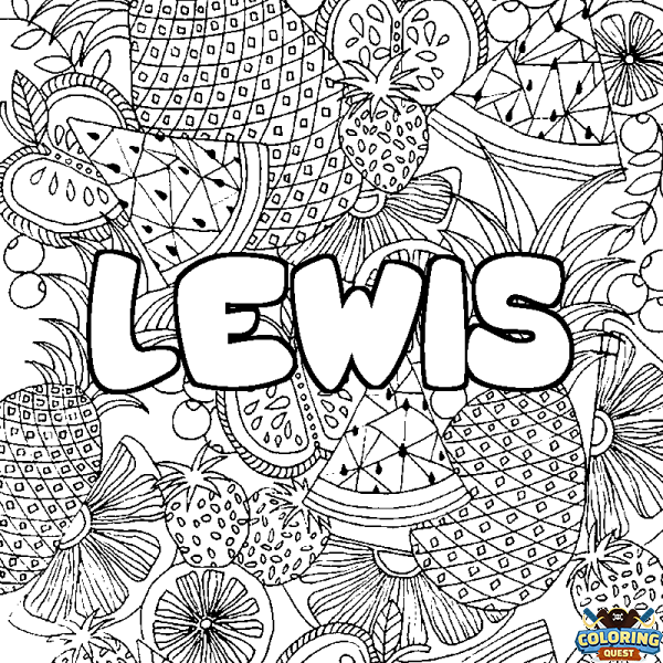 Coloring page first name LEWIS - Fruits mandala background