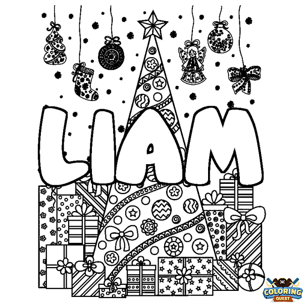 Coloring page first name LIAM - Christmas tree and presents background