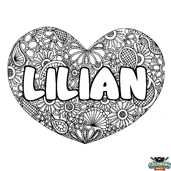 Coloring page first name LILIAN - Heart mandala background