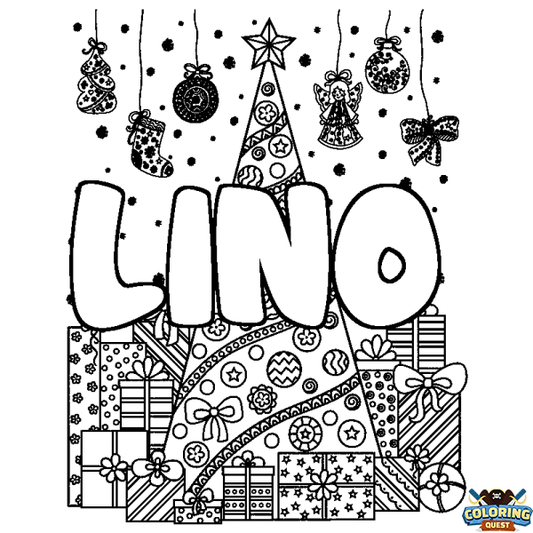 Coloring page first name LINO - Christmas tree and presents background