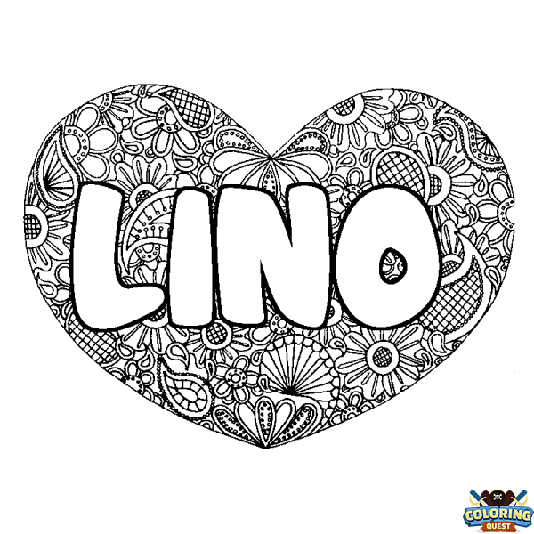 Coloring page first name LINO - Heart mandala background