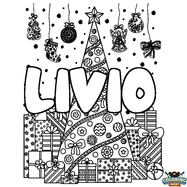 Coloring page first name LIVIO - Christmas tree and presents background