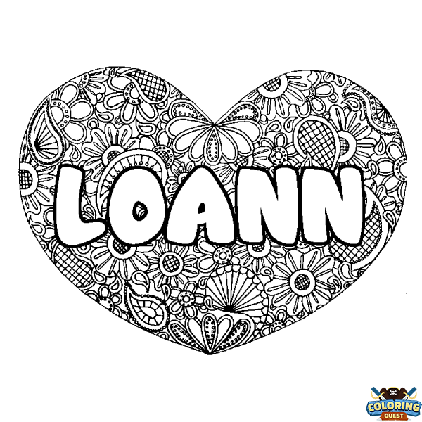 Coloring page first name LOANN - Heart mandala background