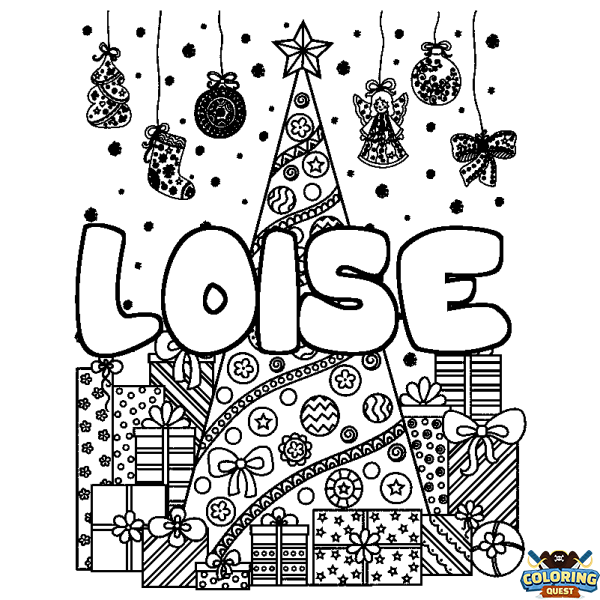 Coloring page first name LOISE - Christmas tree and presents background