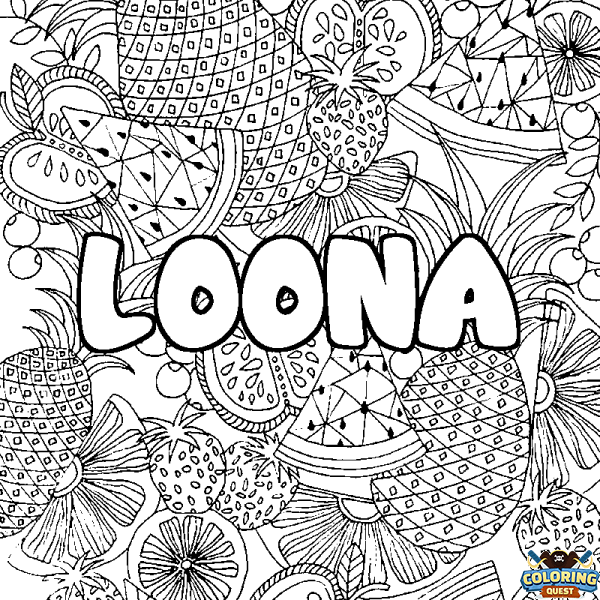 Coloring page first name LOONA - Fruits mandala background