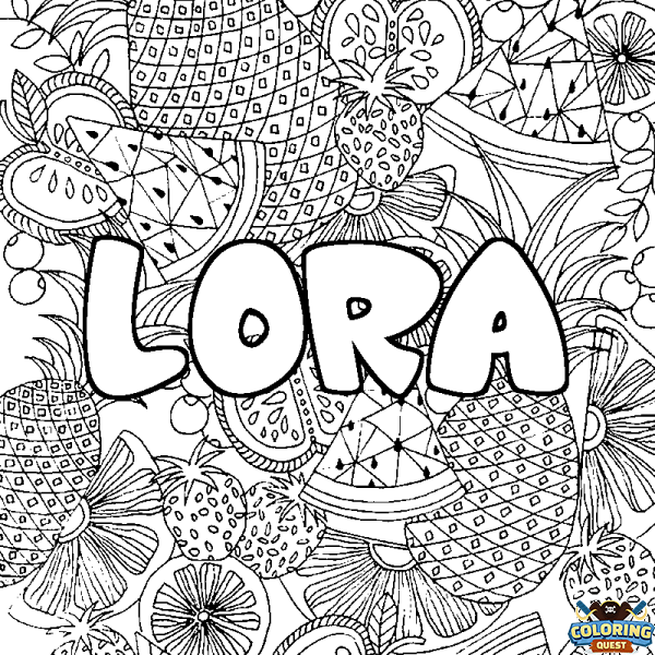 Coloring page first name LORA - Fruits mandala background