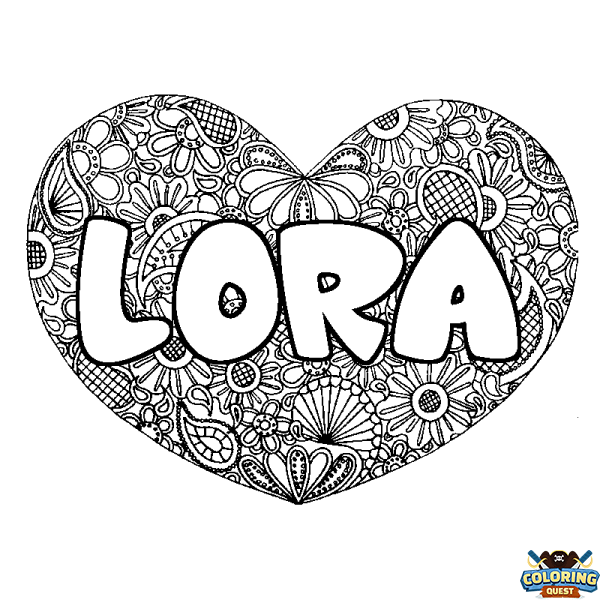 Coloring page first name LORA - Heart mandala background