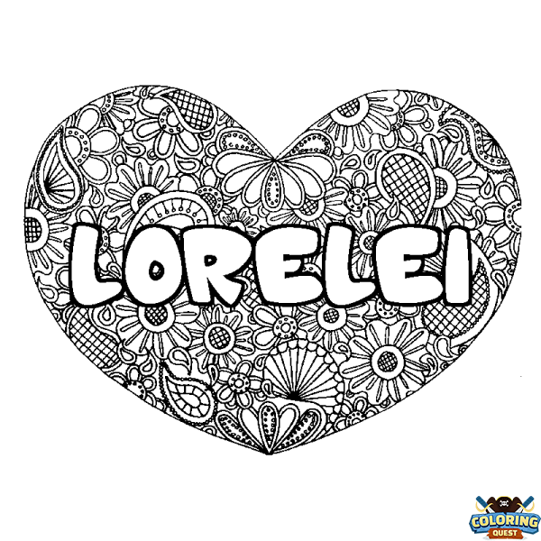 Coloring page first name LORELEI - Heart mandala background