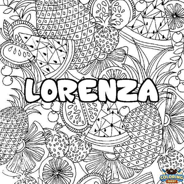 Coloring page first name LORENZA - Fruits mandala background