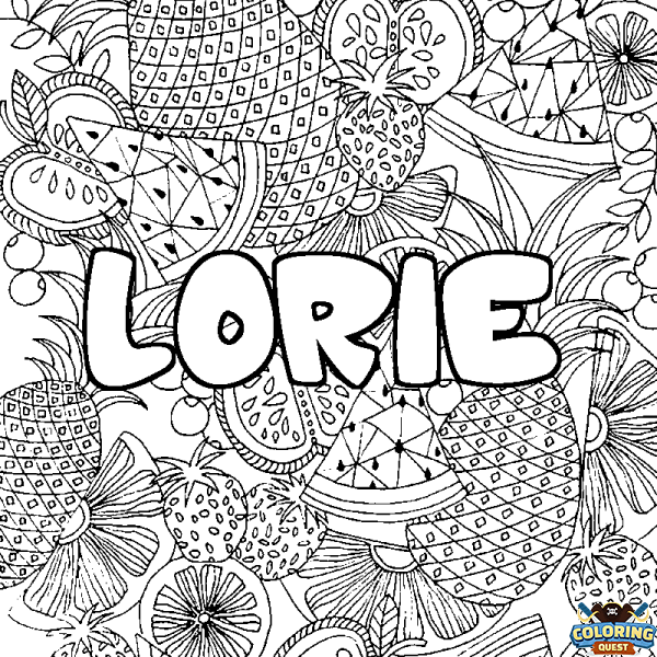 Coloring page first name LORIE - Fruits mandala background