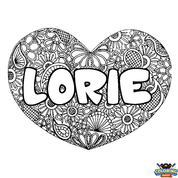 Coloring page first name LORIE - Heart mandala background