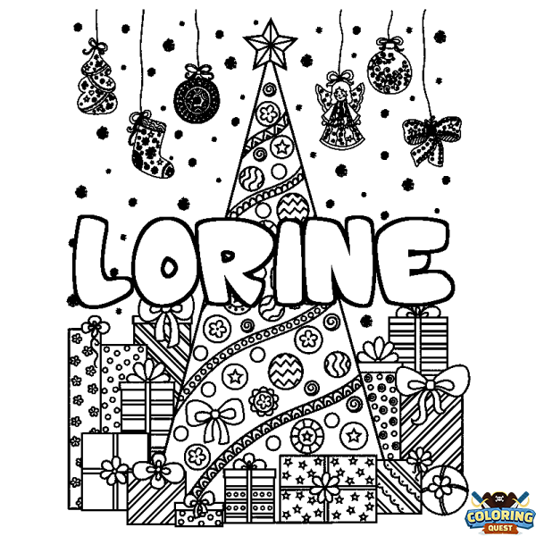 Coloring page first name LORINE - Christmas tree and presents background