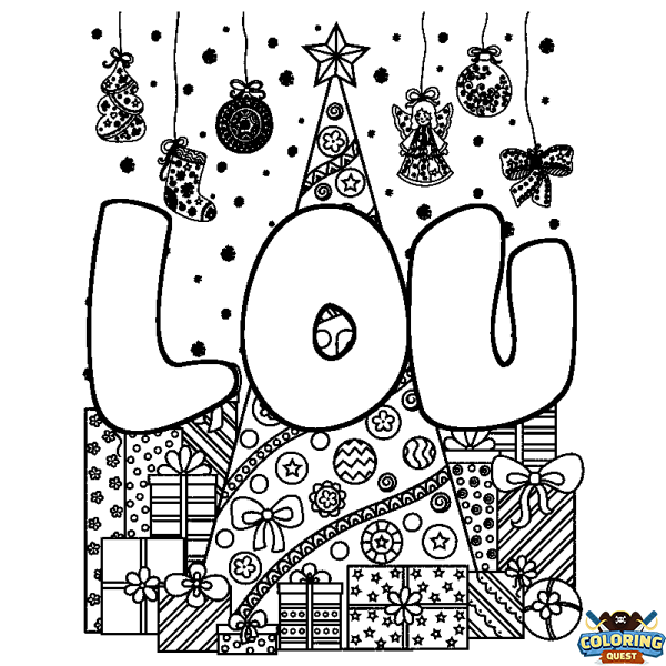 Coloring page first name LOU - Christmas tree and presents background