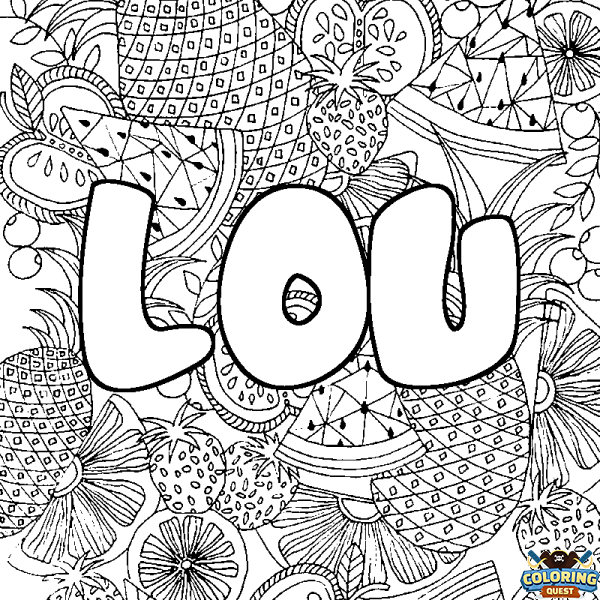 Coloring page first name LOU - Fruits mandala background