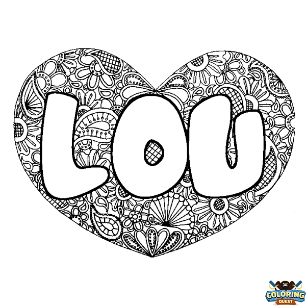 Coloring page first name LOU - Heart mandala background