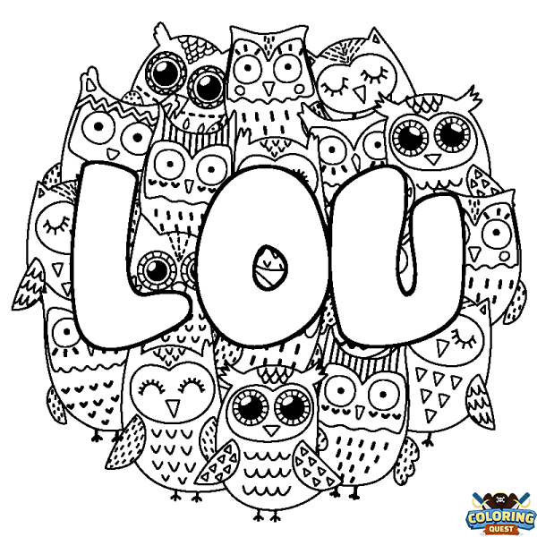 Coloring page first name LOU - Owls background