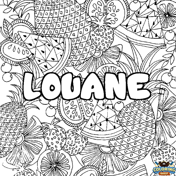 Coloring page first name LOUANE - Fruits mandala background