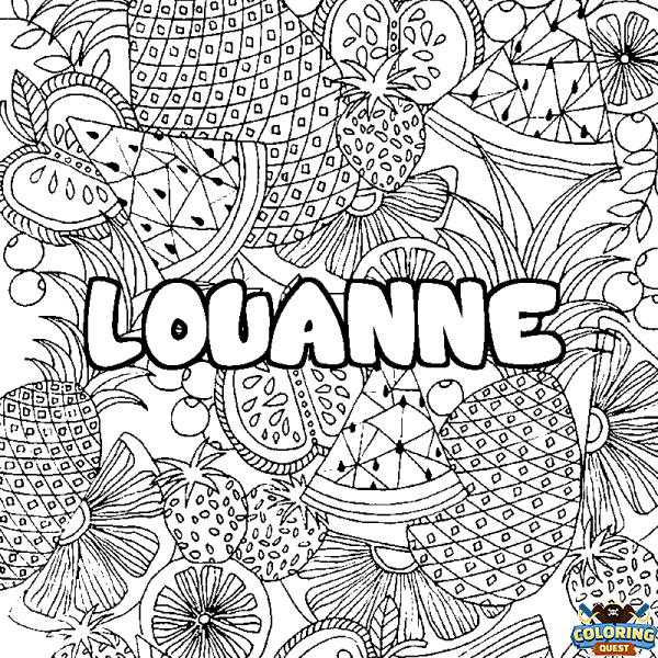 Coloring page first name LOUANNE - Fruits mandala background