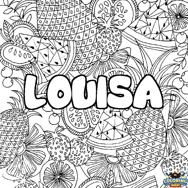 Coloring page first name LOUISA - Fruits mandala background