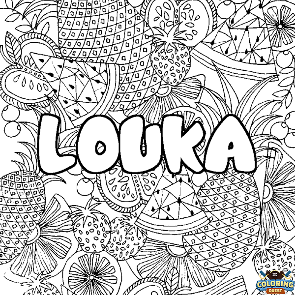 Coloring page first name LOUKA - Fruits mandala background