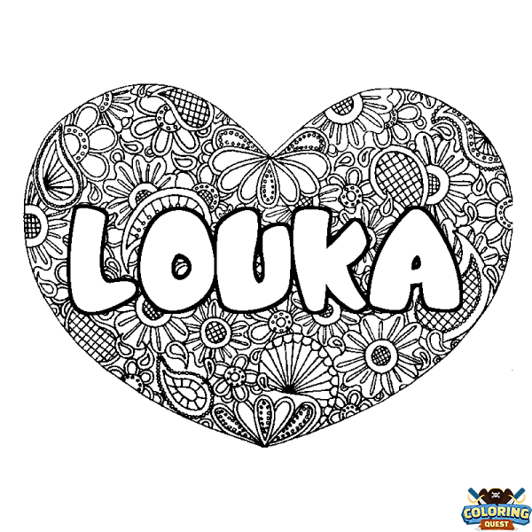 Coloring page first name LOUKA - Heart mandala background