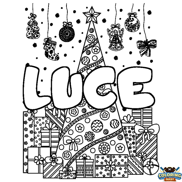 Coloring page first name LUCE - Christmas tree and presents background