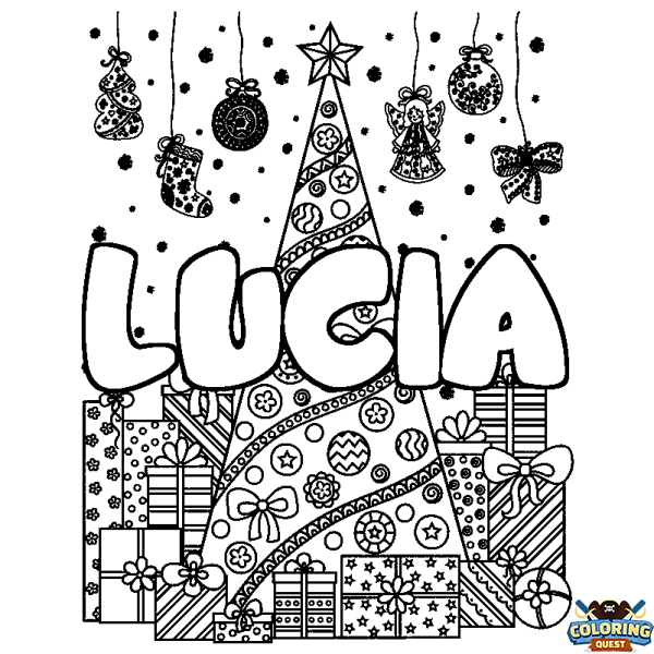 Coloring page first name LUCIA - Christmas tree and presents background