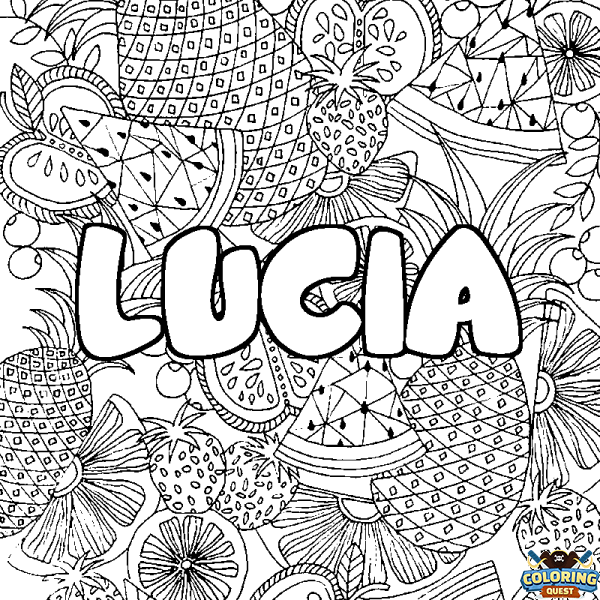 Coloring page first name LUCIA - Fruits mandala background