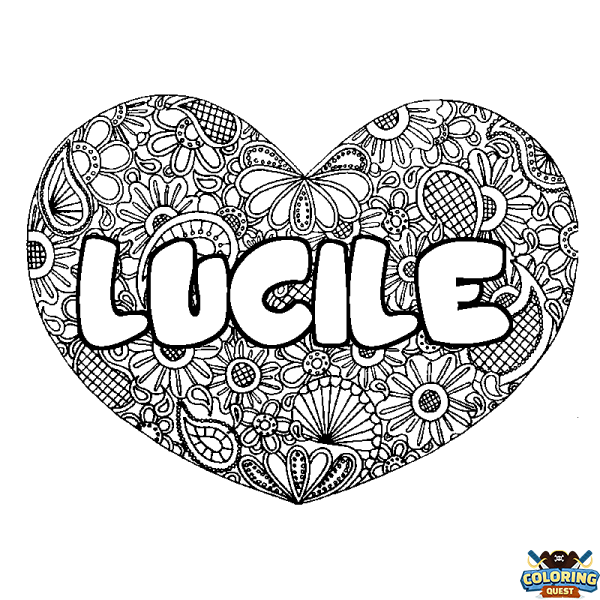 Coloring page first name LUCILE - Heart mandala background