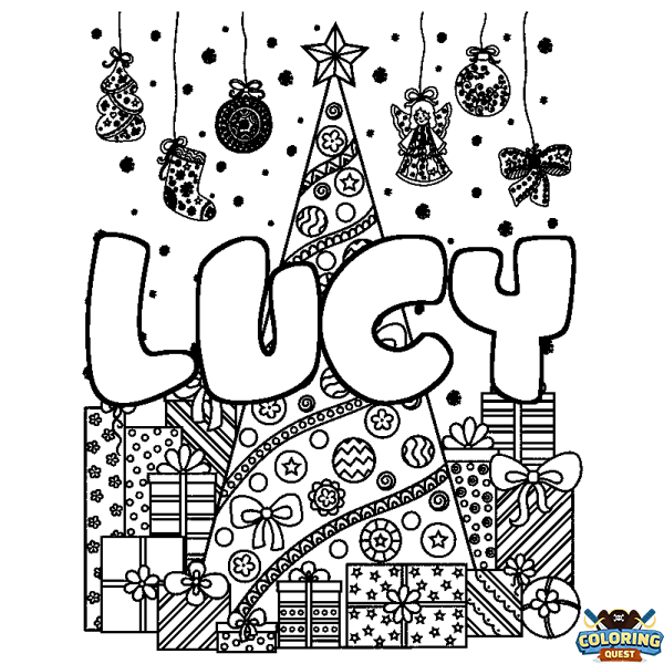 Coloring page first name LUCY - Christmas tree and presents background