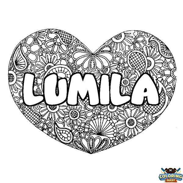 Coloring page first name LUMILA - Heart mandala background