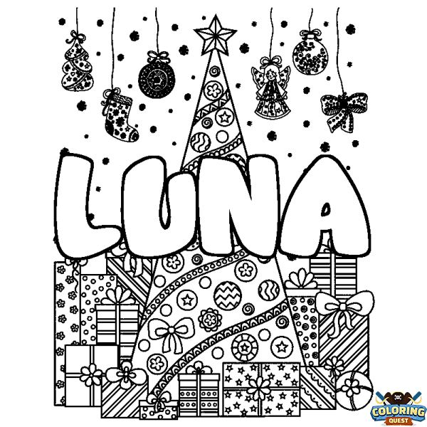 Coloring page first name LUNA - Christmas tree and presents background