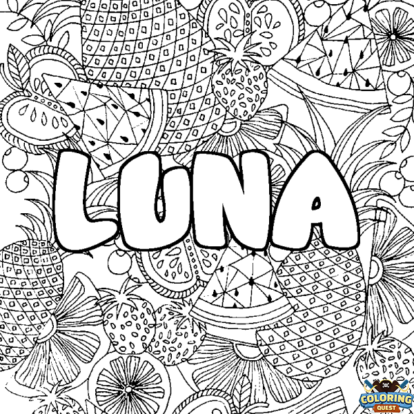 Coloring page first name LUNA - Fruits mandala background