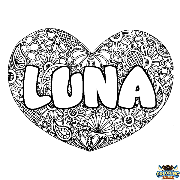 Coloring page first name LUNA - Heart mandala background