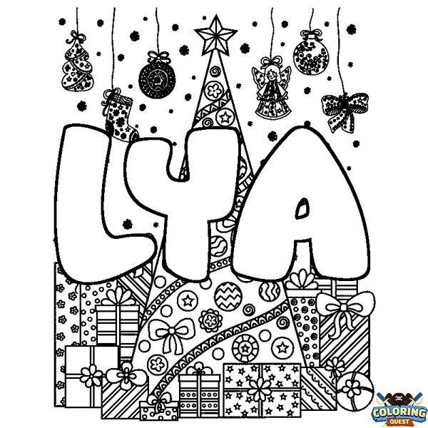 Coloring page first name LYA - Christmas tree and presents background