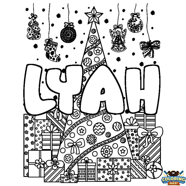 Coloring page first name LYAH - Christmas tree and presents background