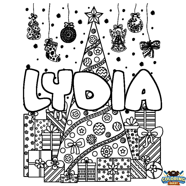 Coloring page first name LYDIA - Christmas tree and presents background