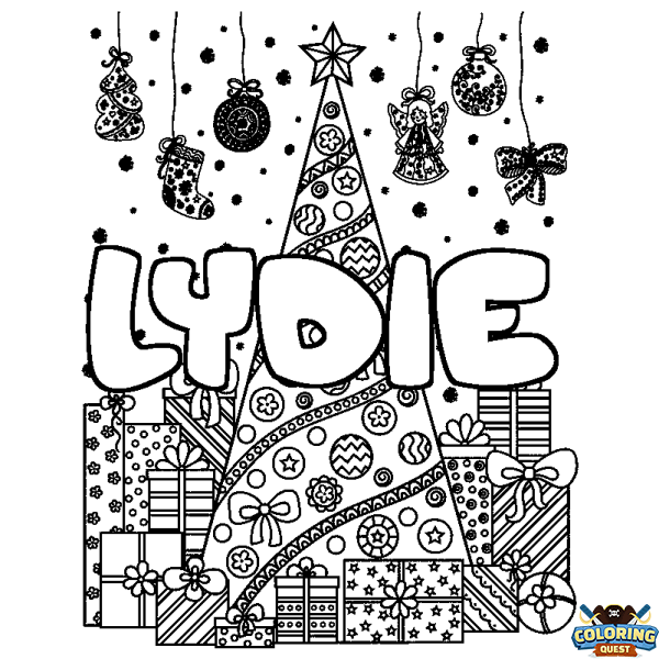 Coloring page first name LYDIE - Christmas tree and presents background