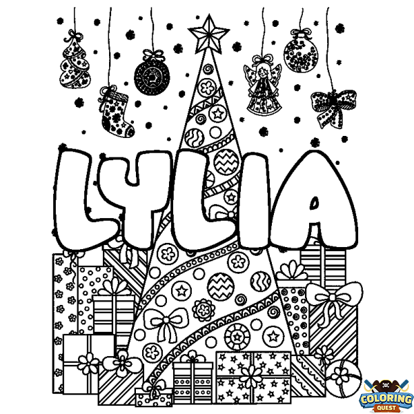 Coloring page first name LYLIA - Christmas tree and presents background