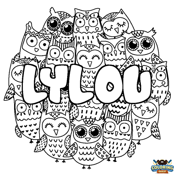 Coloring page first name LYLOU - Owls background